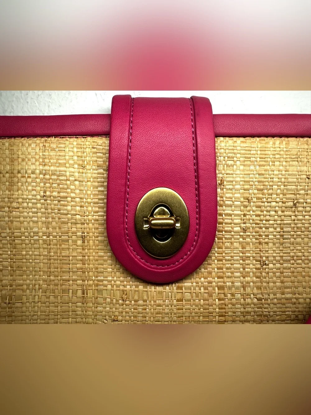 Coach Straw Clutch Wristlet with Fuchsia Trim